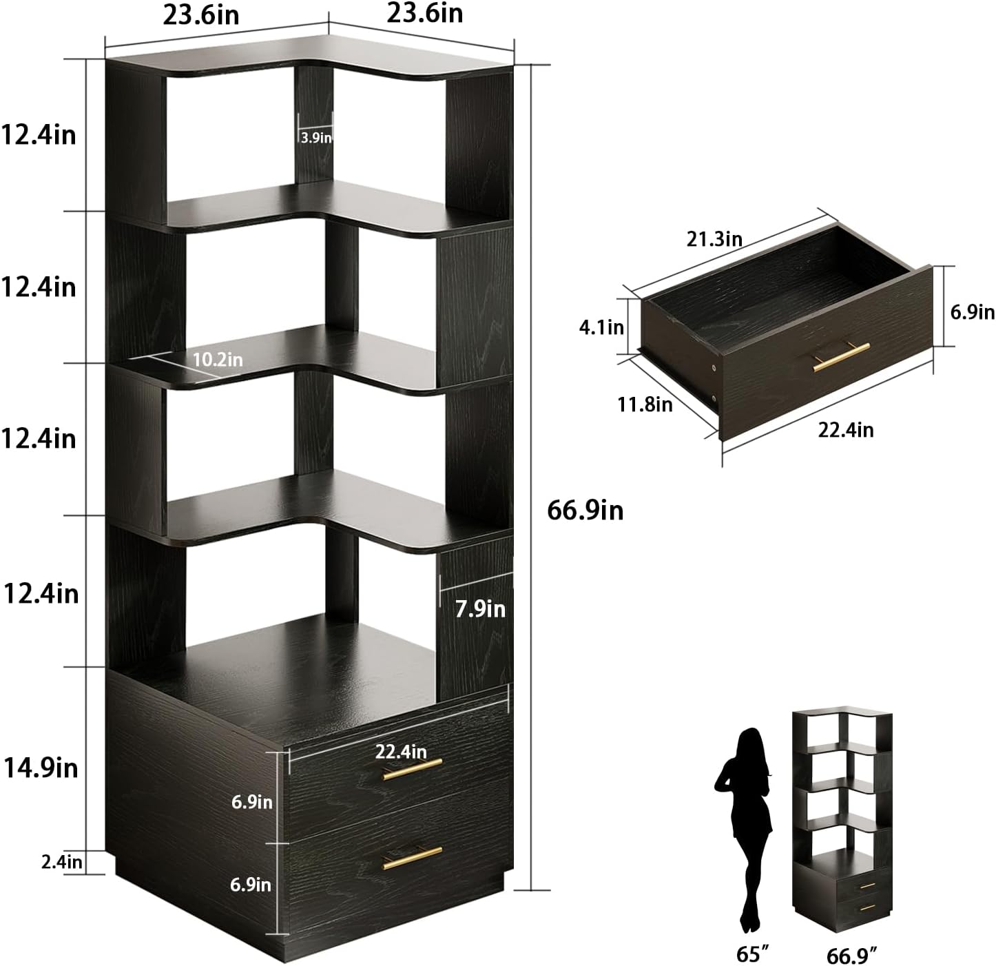 Corner Bookshelf with Drawers,66.9' L Shaped Tall Bookshelf and Bookcase,5 Tier Corner Bookcase with Storage Display Shelf Stand for Home Office, Living Room, Bedroom, Kitchen