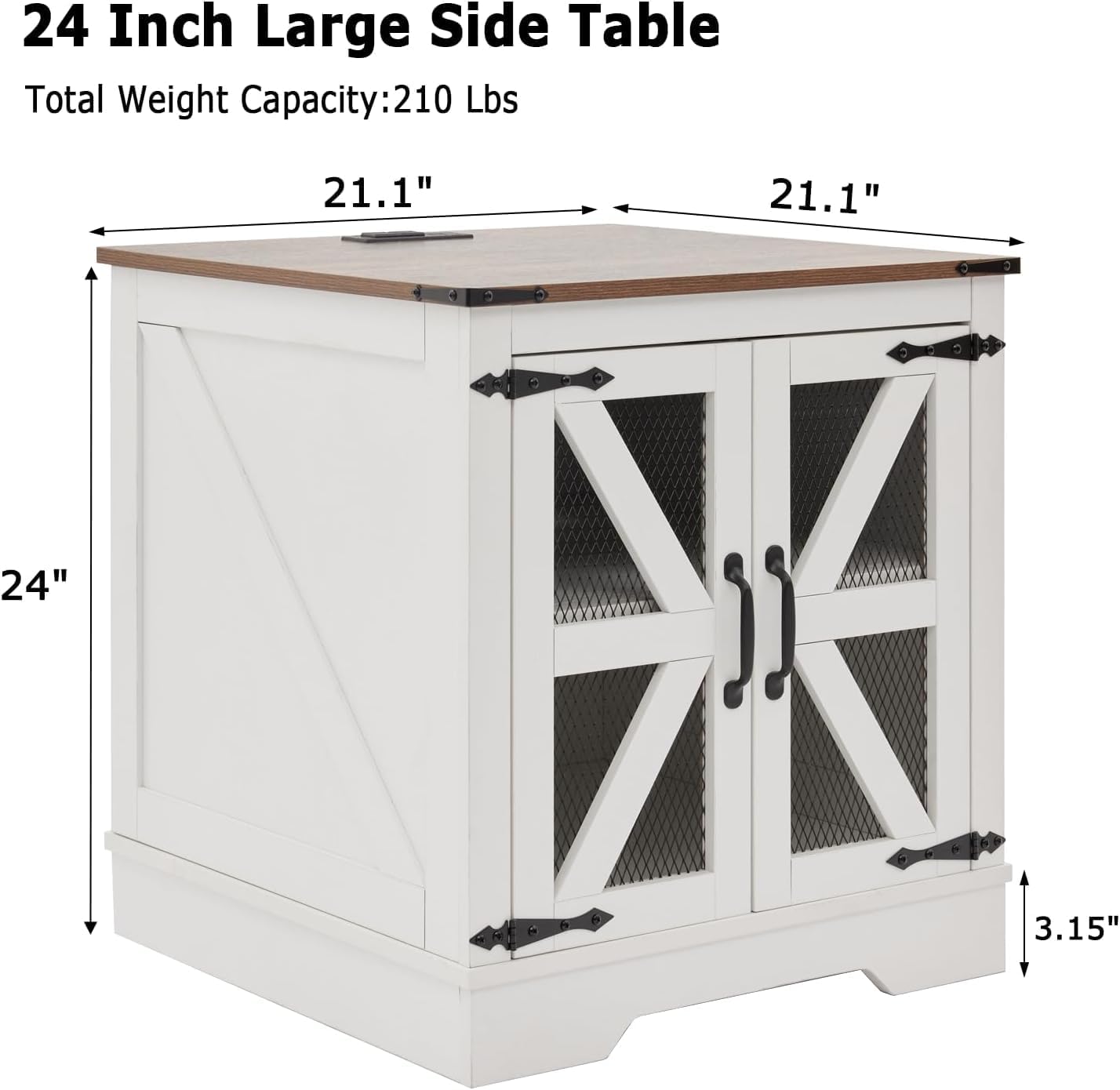 White Farmhouse End Table with Charging Station, 24' Wood Sofa Side Table with Mesh Barn Door, Rustic Nightstand with Hidden Storage for Living Room, Square