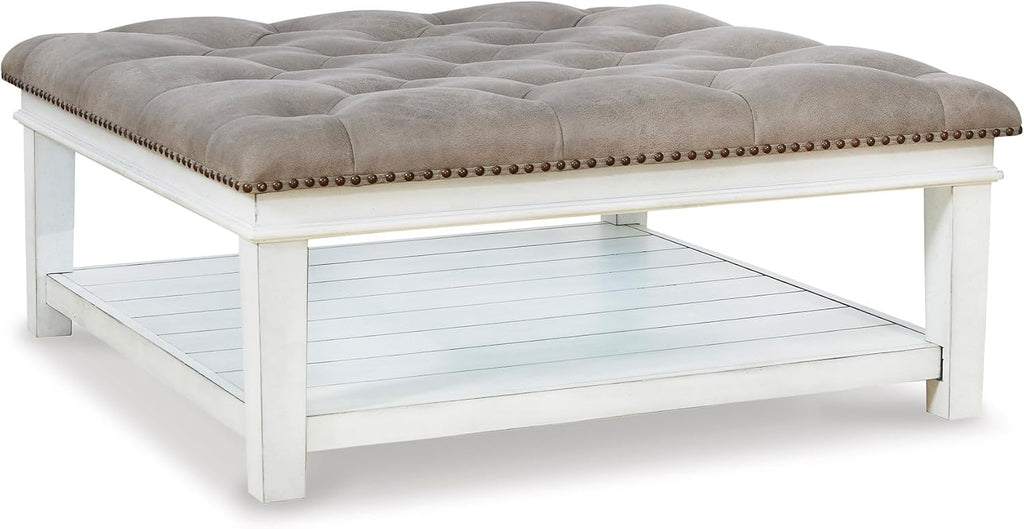Signature Design by Ashley Kanwyn French Country Upholstered Square Ottoman Coffee Table, Whitewash