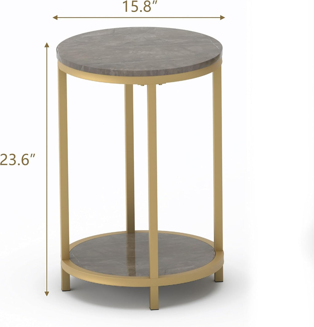 WiberWi Round Side Table Set of 2, Modern Nightstand End Table with Gold Metal Frame &Faux Marble Top, Accent Bedside Table for Living Room Bedroom Small Spaces with Storage Open Shelf, Grey