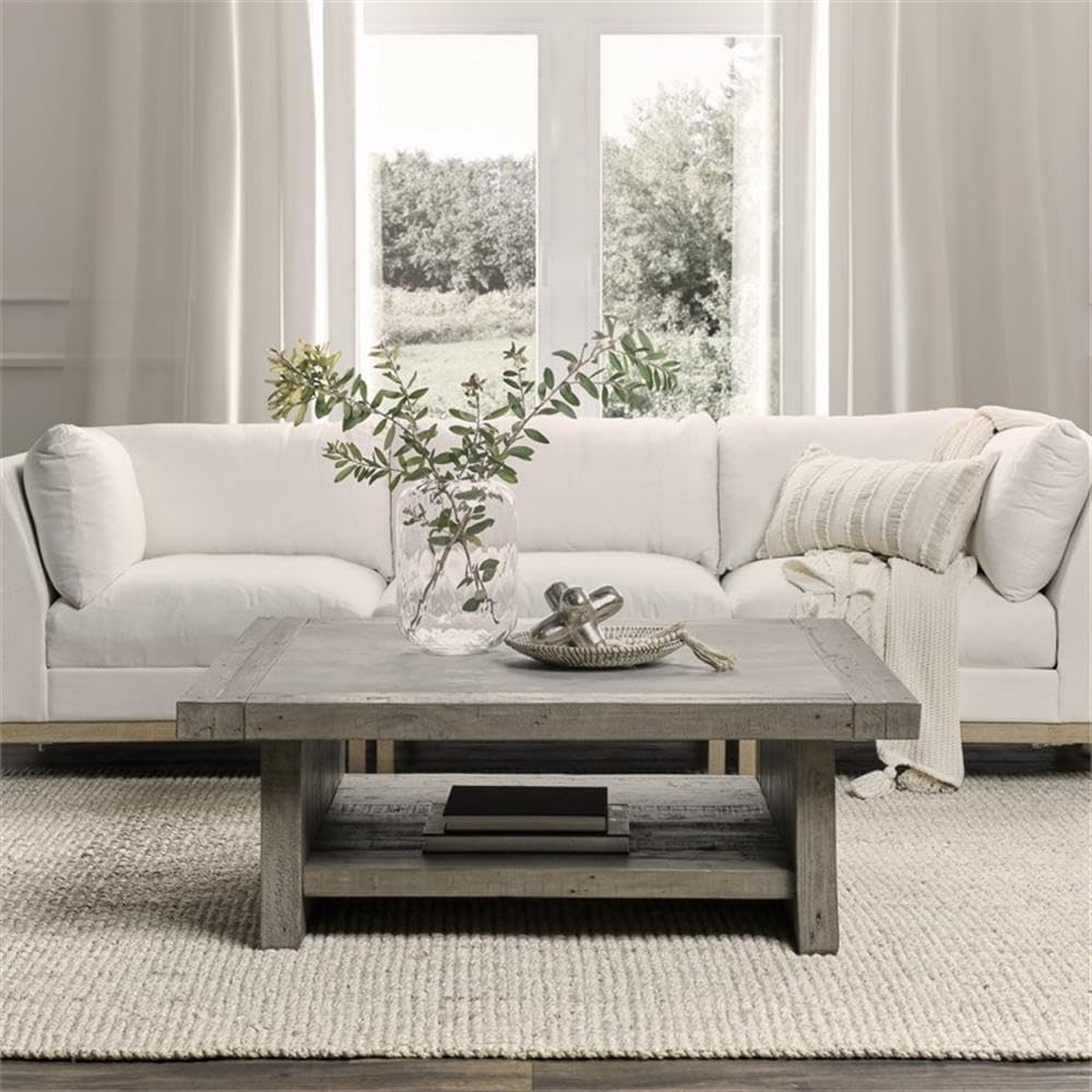 Pemberly Row 50' Square Wood Coffee Table, Antique Gray Finish, Reclaimed Wood Frame with Concrete Laminate Top, Open Shelf Design, Transitional Style Living Room Centerpiece or Storage Table