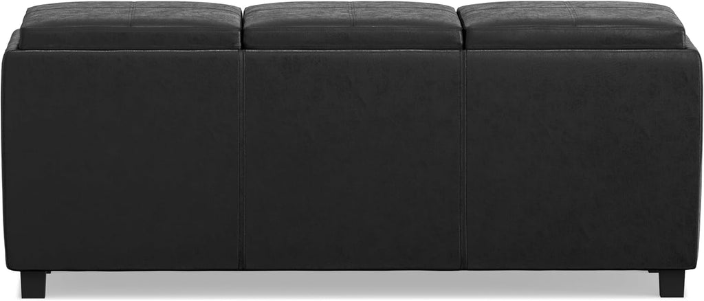 SIMPLIHOME Avalon Storage Ottoman - 42 inch Wide Upholstered Vegan Leather Rectangular Flip-Top Ottoman in Distressed Black, Contemporary Coffee Table Ottoman for Living Room with Hidden Storage