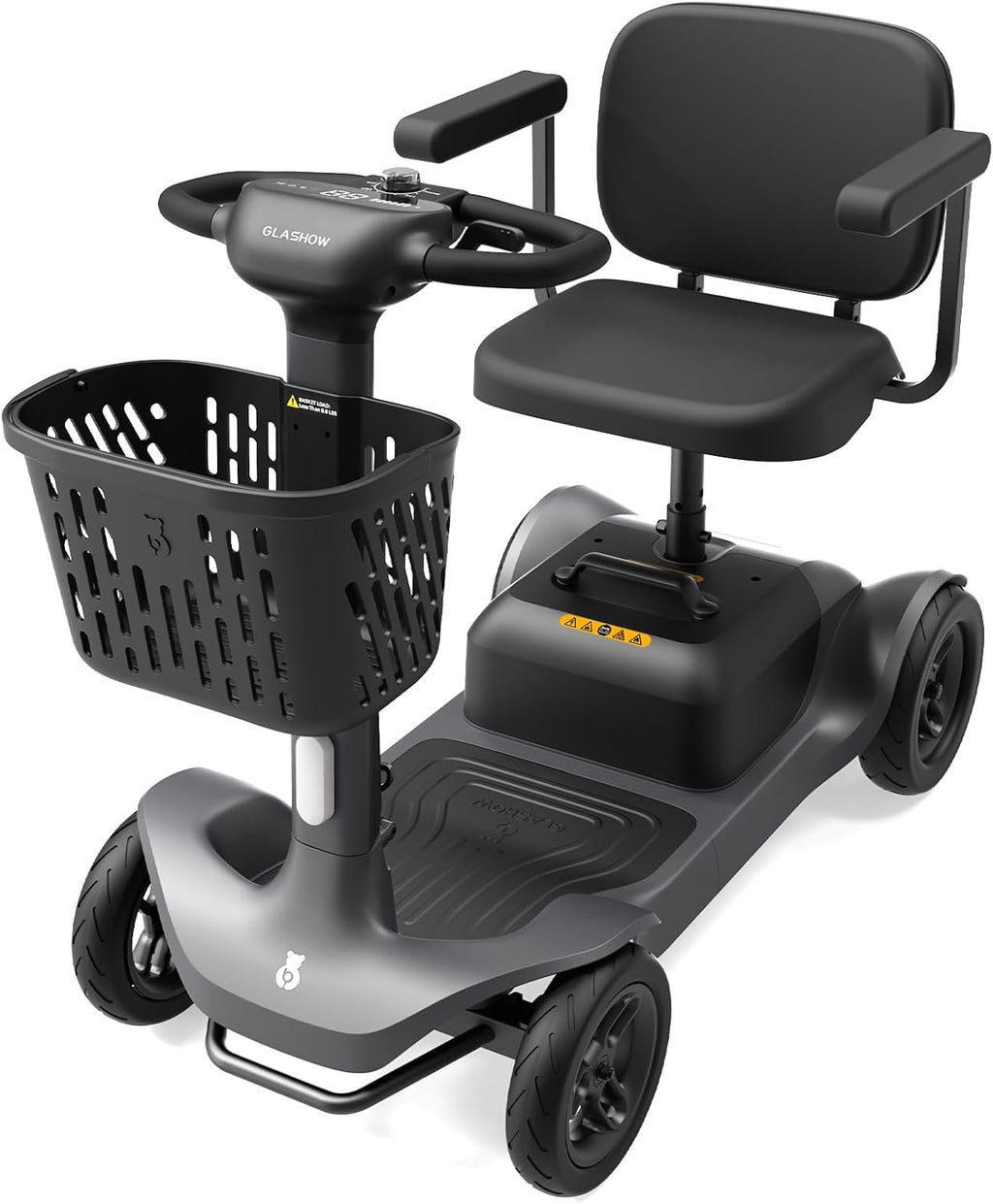 Glashow S1 Mobility Scooter for Adults, 4-Wheel Electric Mobility Scooter – 25-Mile Range, 6 mph, Smart Safety Features, Spacious Legroom, Swivel Seat, Headlight & Basket, Charger Included – Dark Gray