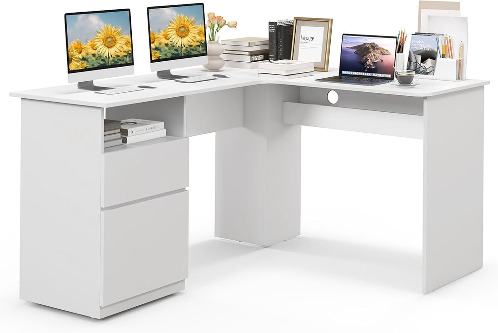 Giantex L Shaped Computer Desk with Drawers, 59' Corner Desk Workstation with Storage Shelf & Cable Holes, Large Executive Office Desk, Modern Study Writing Table for Home Office (White)