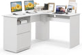 Giantex L Shaped Computer Desk with Drawers, 59' Corner Desk Workstation with Storage Shelf & Cable Holes, Large Executive Office Desk, Modern Study Writing Table for Home Office (White)