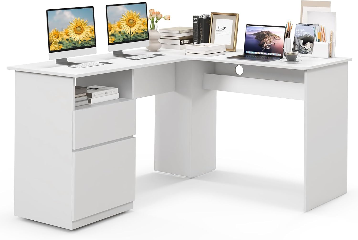 Giantex L Shaped Computer Desk with Drawers, 59' Corner Desk Workstation with Storage Shelf & Cable Holes, Large Executive Office Desk, Modern Study Writing Table for Home Office (White)