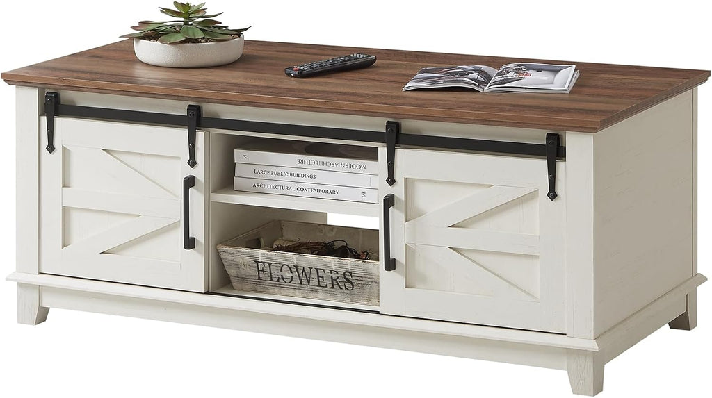 AMERLIFE Farmhouse Coffee Table with Sliding Barn Doors & Storage Cabinet for Living Room, 48' Modern Center Table, Adjustable Shelves, Rustic White