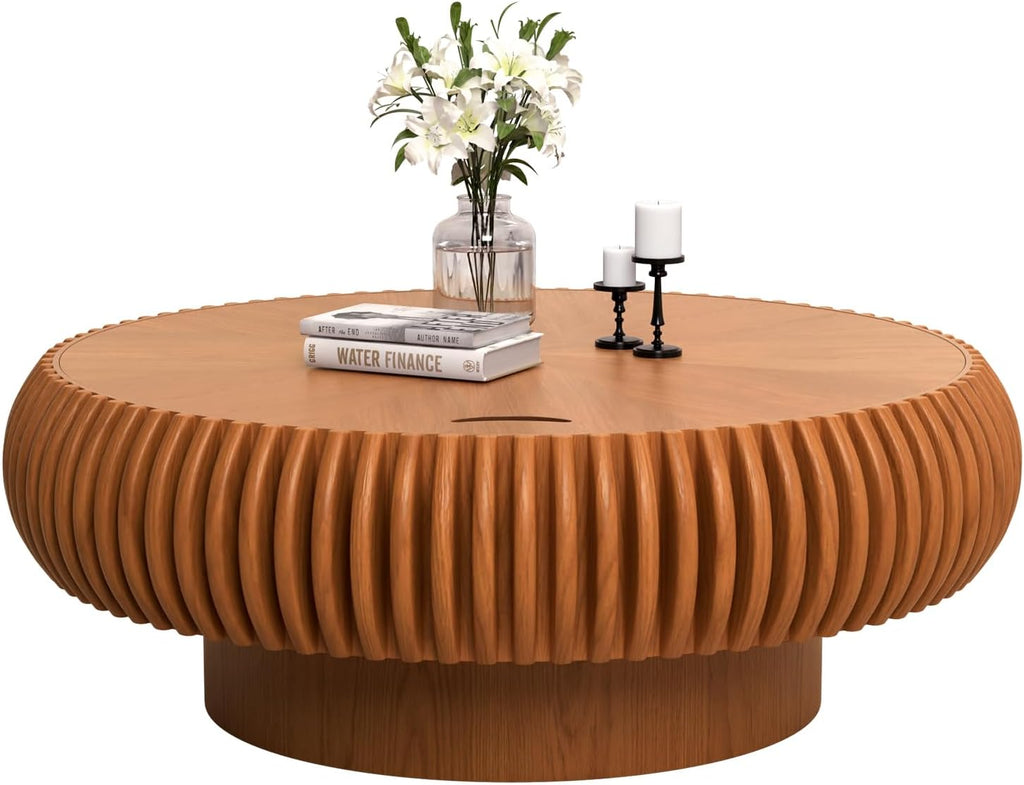 Drum Coffee Table with Hidden Storage, Modern Round Coffee Table for Living Room Circle Center Table with Solid Wood Fluted Veneered, Accent Tea Table for Small Space Apartment (Brown 39.37 inch)