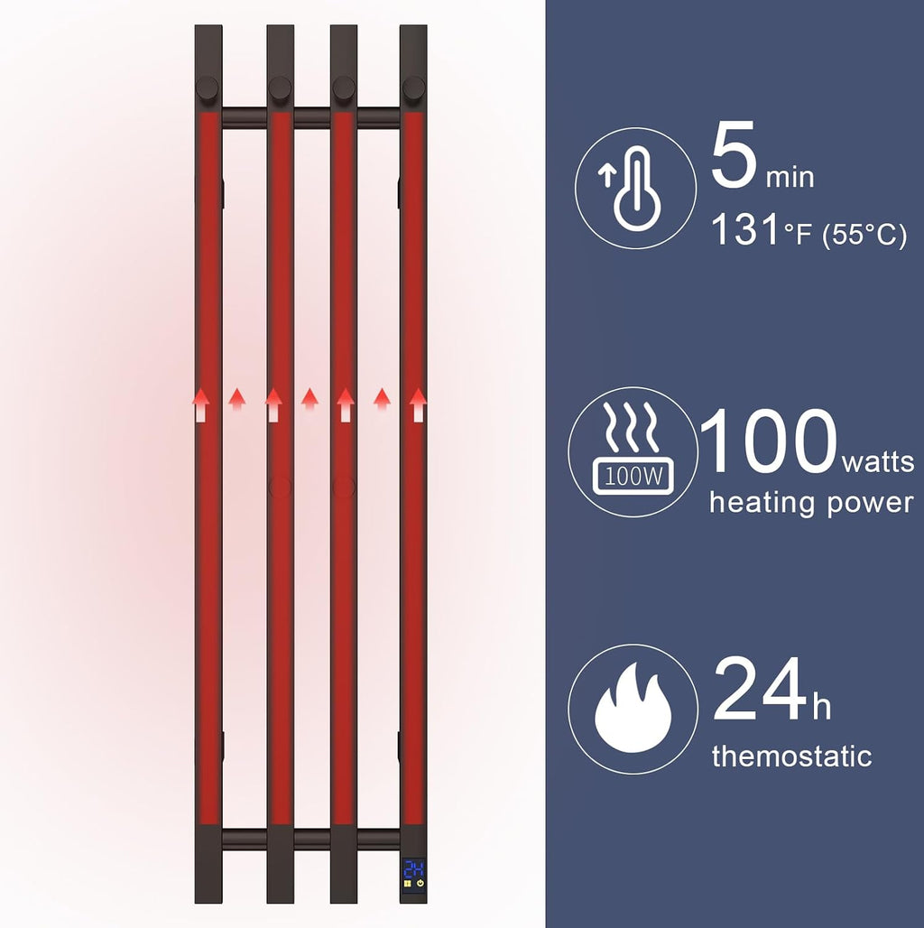 Electric Heated Towel Rack Warmer, Wall Mounted Towel Warmer, 304 Stainless Steel, 37.4 x 11.8 x 4.2 Inches, 4 Vertical Square Bars with Timer (Black)