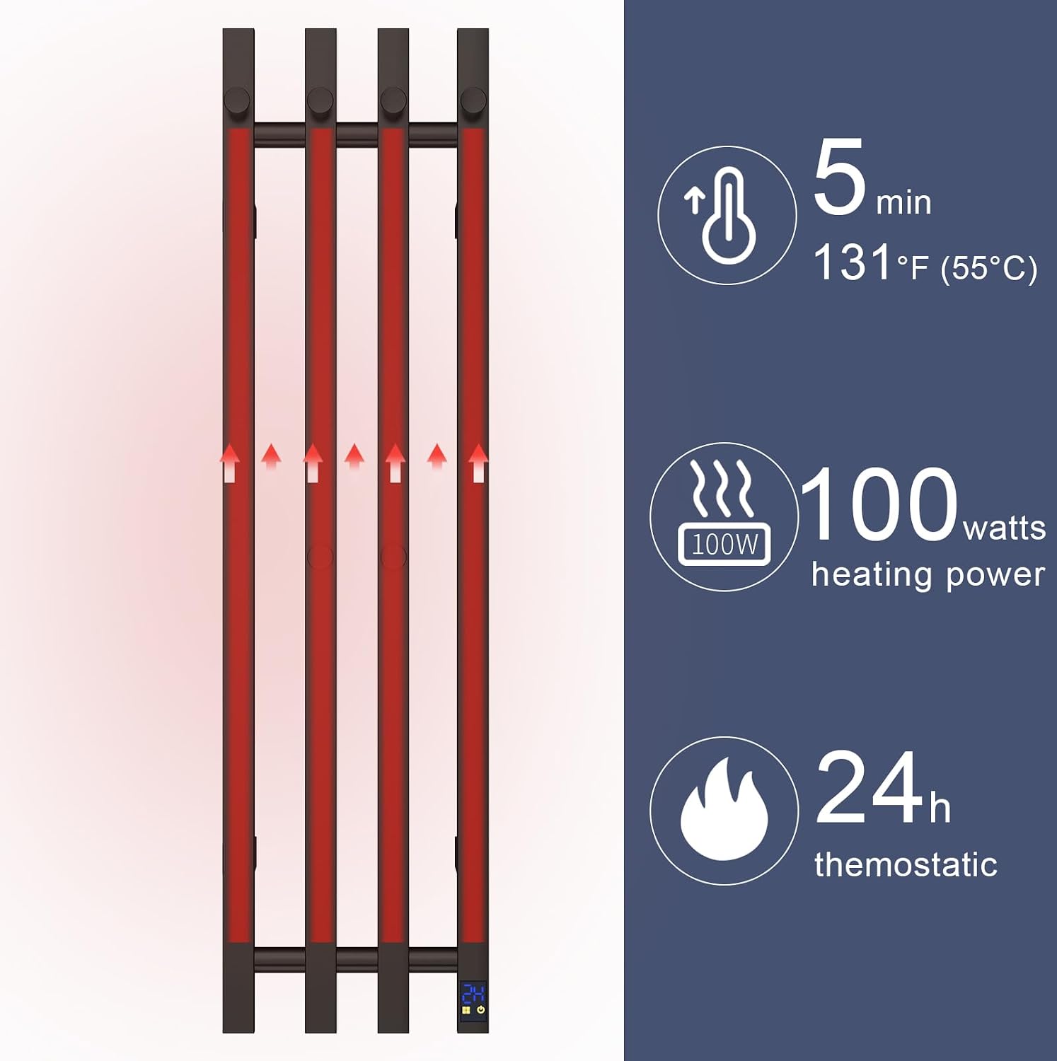 Electric Heated Towel Rack Warmer, Wall Mounted Towel Warmer, 304 Stainless Steel, 37.4 x 11.8 x 4.2 Inches, 4 Vertical Square Bars with Timer (Black)