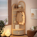 Corner Coat Rack with Shelves and Drawer, Wooden Tall Coat Rack with Shoe Storage for Clothes and Bags, Plastic Rattan Hall Tree with Shoe Storage for Bedroom(Natural)