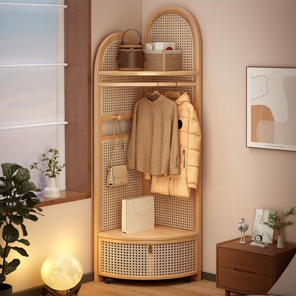 Corner Coat Rack with Shelves and Drawer, Wooden Tall Coat Rack with Shoe Storage for Clothes and Bags, Plastic Rattan Hall Tree with Shoe Storage for Bedroom(Natural)