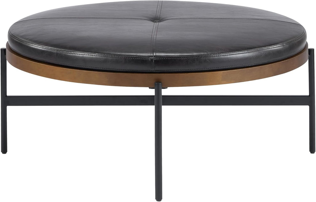 Christopher Knight Home Neapo Modern Round Ottoman Coffee Table, Faux Leather Cocktail Ottoman for Living Room Sofa, Entryway Comfortable Footstool, Durable Metal Frame Ottoman Foot Rest, Dark Brown