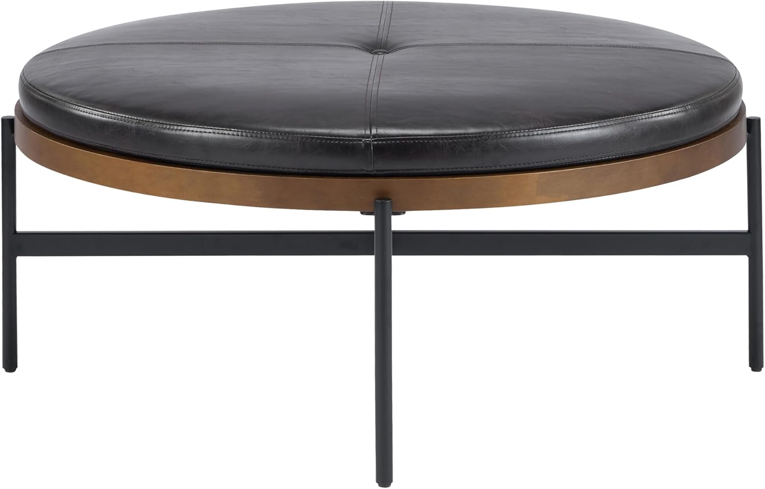 Christopher Knight Home Neapo Modern Round Ottoman Coffee Table, Faux Leather Cocktail Ottoman for Living Room Sofa, Entryway Comfortable Footstool, Durable Metal Frame Ottoman Foot Rest, Dark Brown