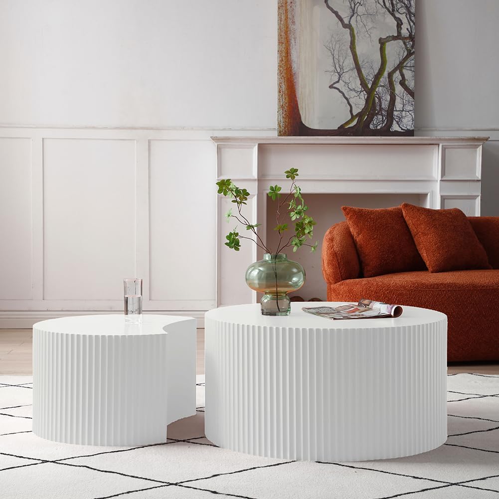 JUSTONE White Round Coffee Table Set of 2,Modern Luxury Nesting Coffee Table for Living Room,Wood Circle Drum Coffee Table for Small Spaces No Assembling (Matte White)