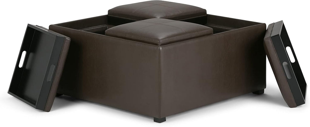 SIMPLIHOME Avalon 35 inch Wide Contemporary Square Coffee Table Storage Ottoman in Chocolate Brown Vegan Faux Leather, Assembled, For the Living Room and Bedroom