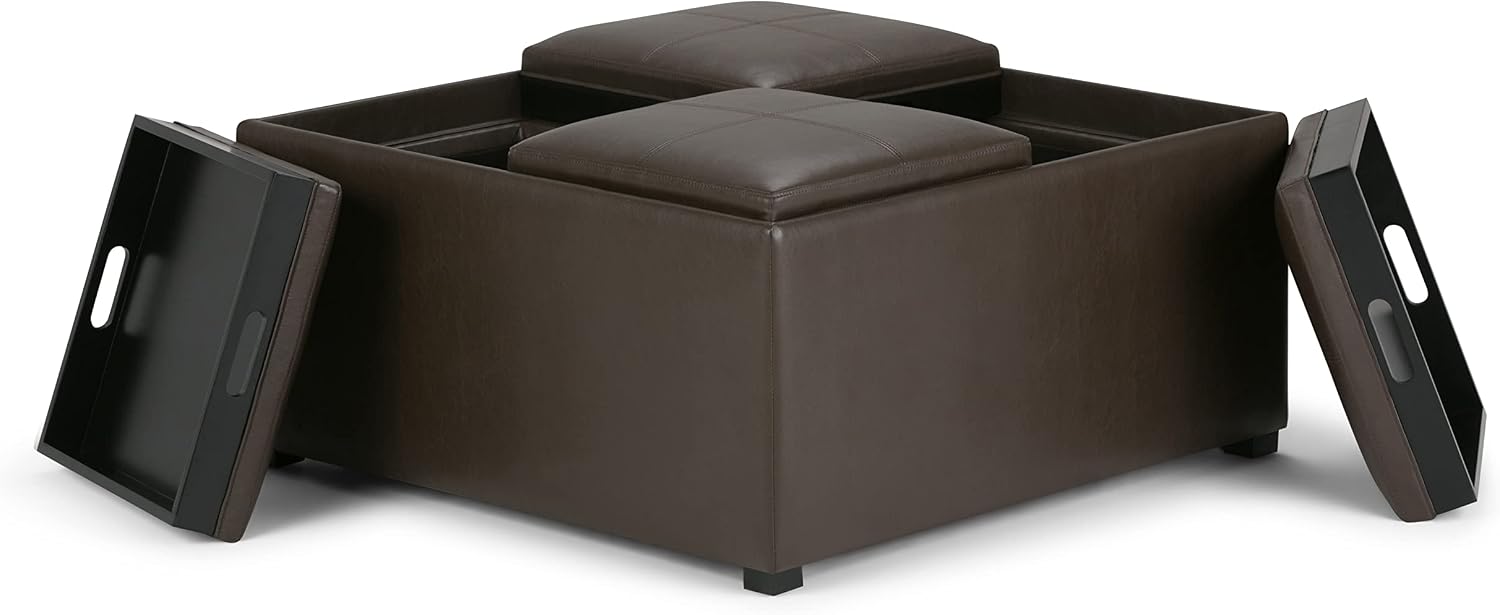 SIMPLIHOME Avalon 35 inch Wide Contemporary Square Coffee Table Storage Ottoman in Chocolate Brown Vegan Faux Leather, Assembled, For the Living Room and Bedroom