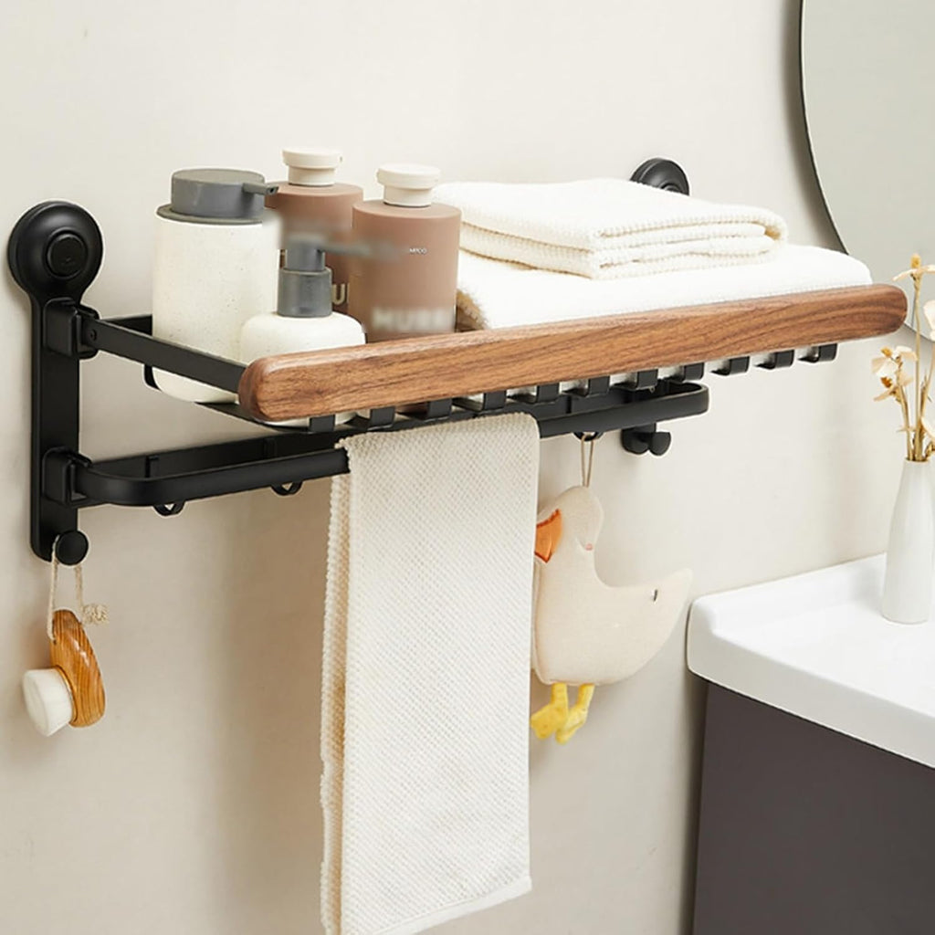 Space Aluminum+Wood Towel Rack,Double Layer Bar Wall Mounted,with Double Foldable Shelf,Mesh Basket and Hooks,for Bedroom Bathroom