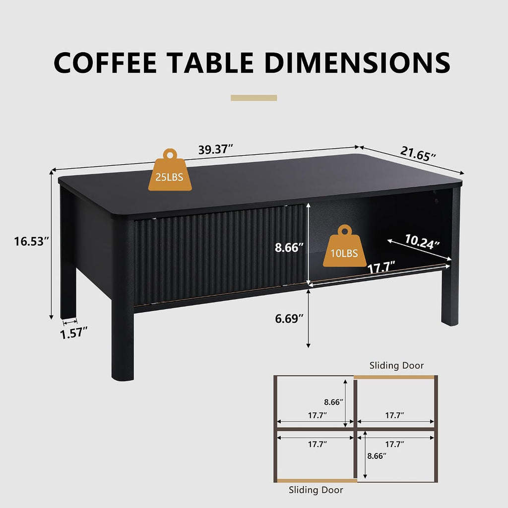 TV Stand and Coffee Table Set, Rectangle Fluted Coffee Table and TV Stand with Storage and Sliding Doors, Living Room Coffee Table and TV Stand Set, Mid Century Modern and Low Small (Black)