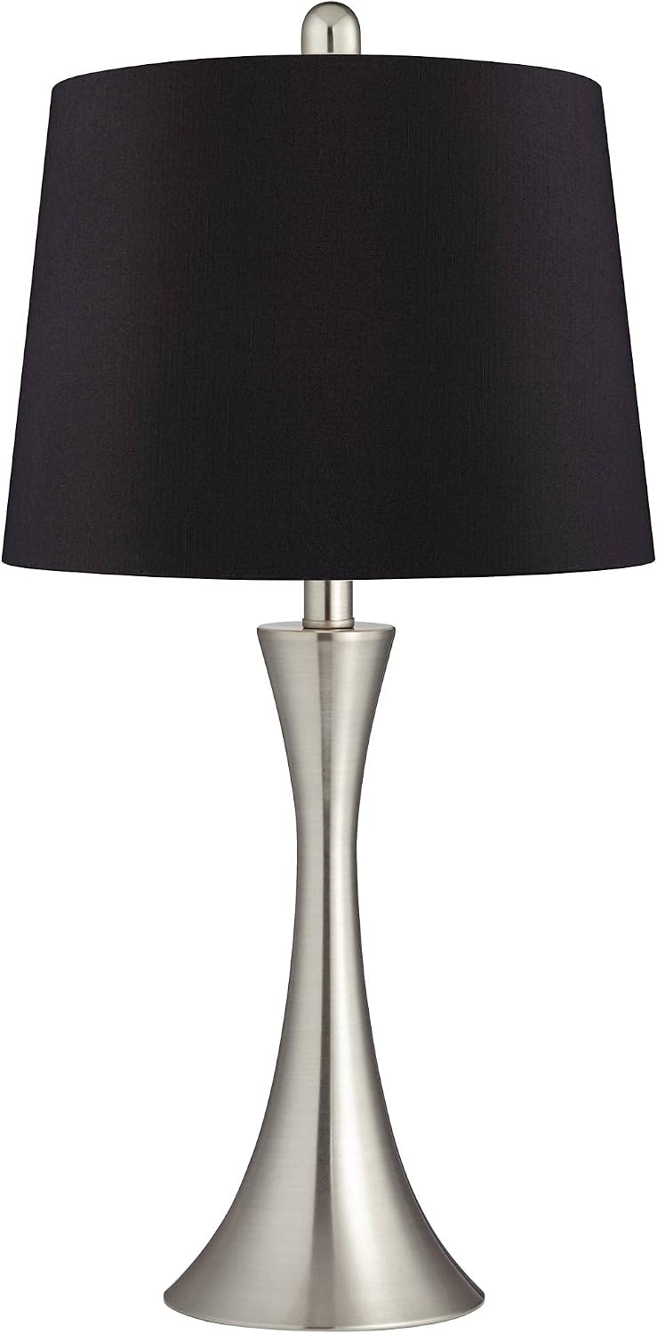 360 Lighting Gerson Modern Table Lamps 24' Tall Set of 2 Brushed Nickel Silver Curving Metal LED Black Faux Silk Drum Shade for Bedroom Living Room House Bedside Nightstand Office Family