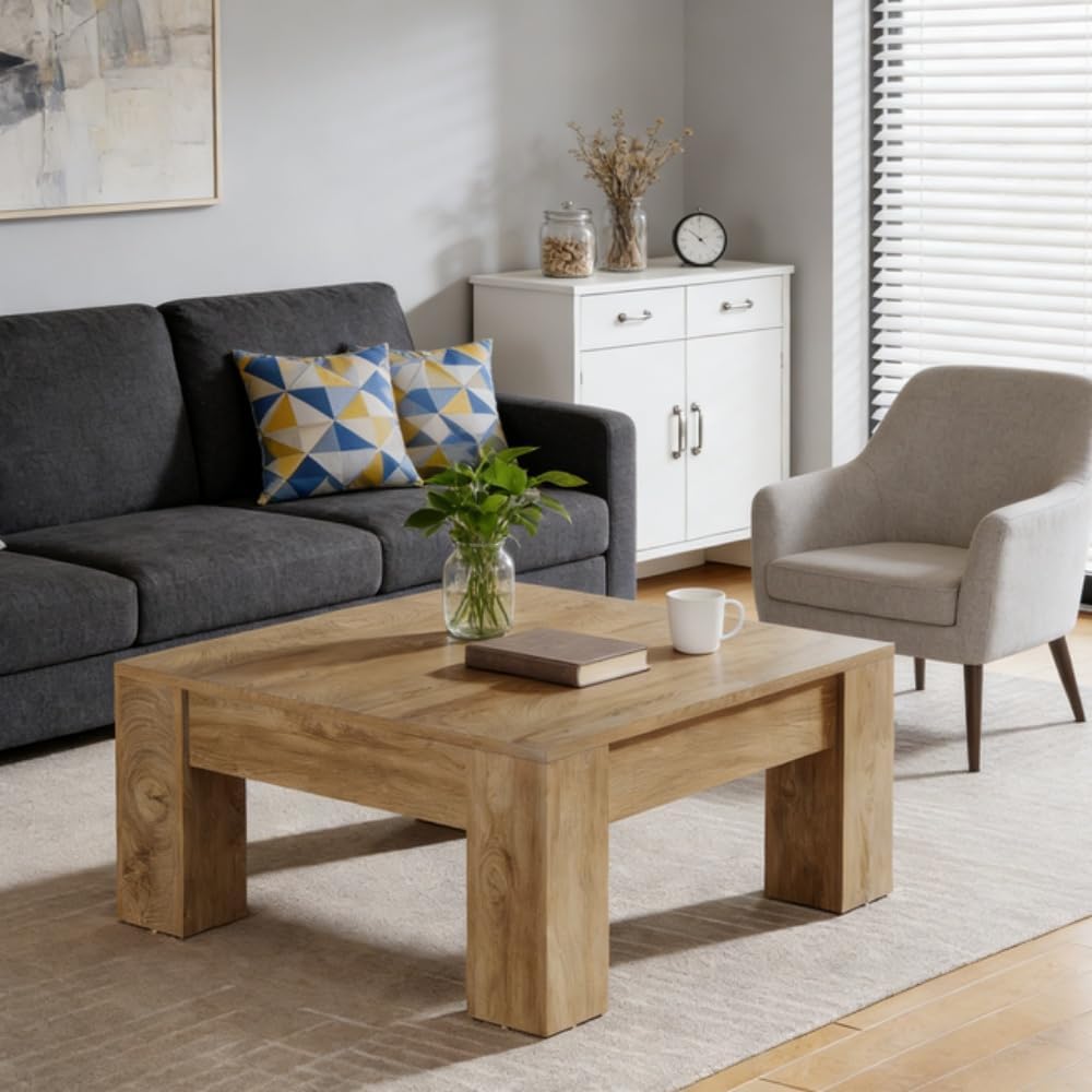 39.4' Square Coffee Table, Farmhouse Coffee Table with Sturdy Base, Mid-Century Modern MDF Accent Center Tea Tables for Living Room Apartment, Easy Assembly