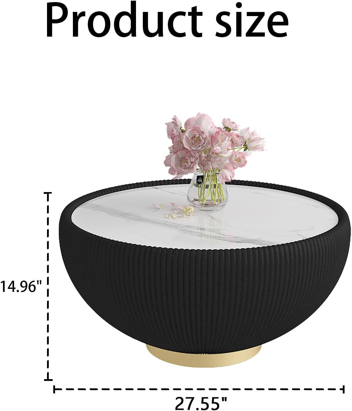 Black Round Coffee Table with Sintered Stone Tabletop, 27.56' Drum Coffee Table with Fluted PU Leather Covered and Metal Base, Circle Cocktail Tea Table for Living Room