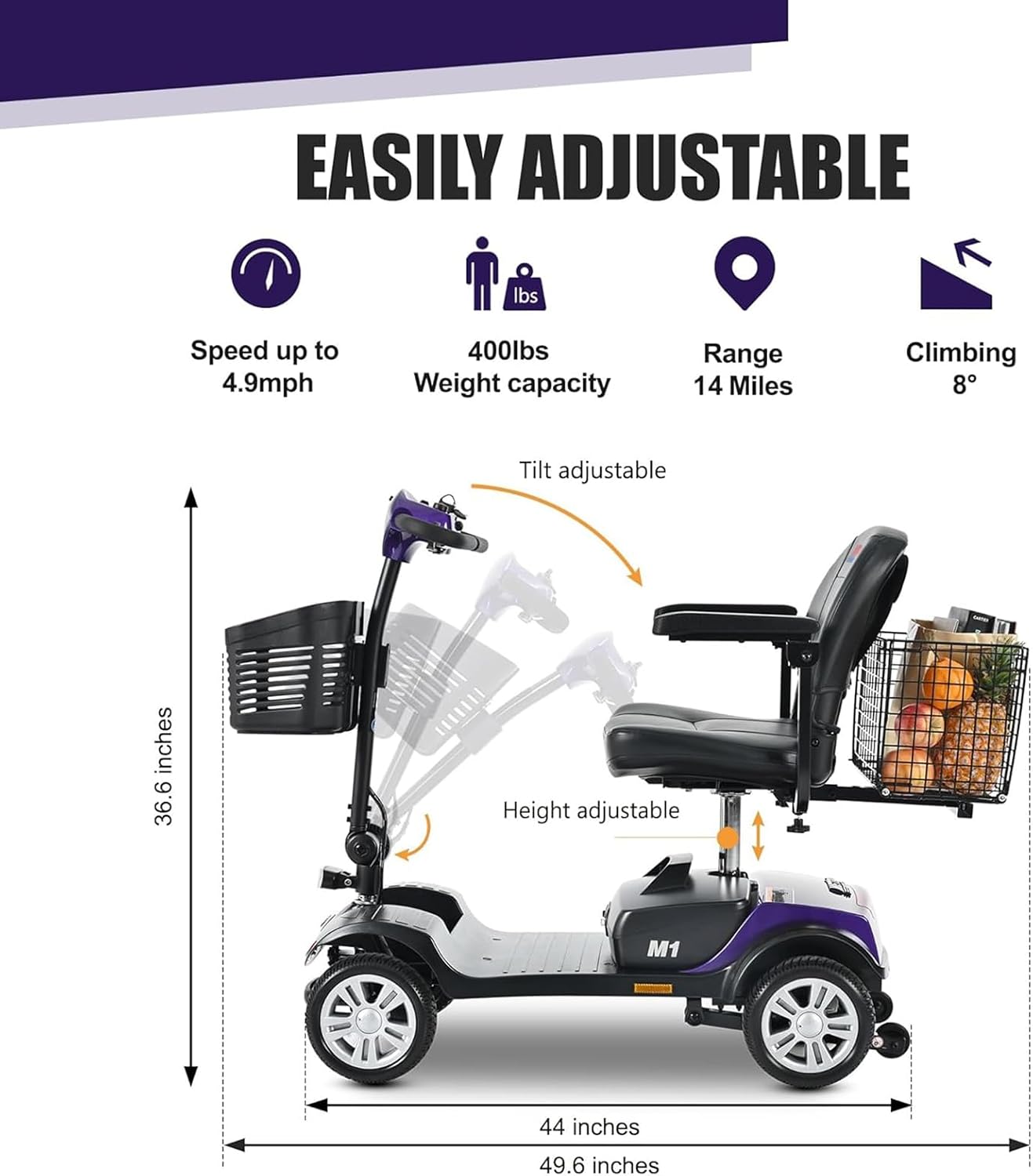 Mobility Scooters for Seniors & Adults 400 Lb Weight Capacity,Lightweight Foldable All Terrain 4 Wheel Powered Scooter,Disability Electric Wheelchair,Add A StorageBox,and Shoulder Bag,5MPH,Purple