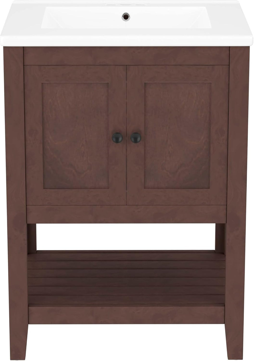 24 Inch Bathroom Vanity with Sink, Small Bathroom Sink Cabinet with Ceramic Basin & Solid Wood Frame and Open Shelf Storage for Small Space, Morandi White Style (Brown)