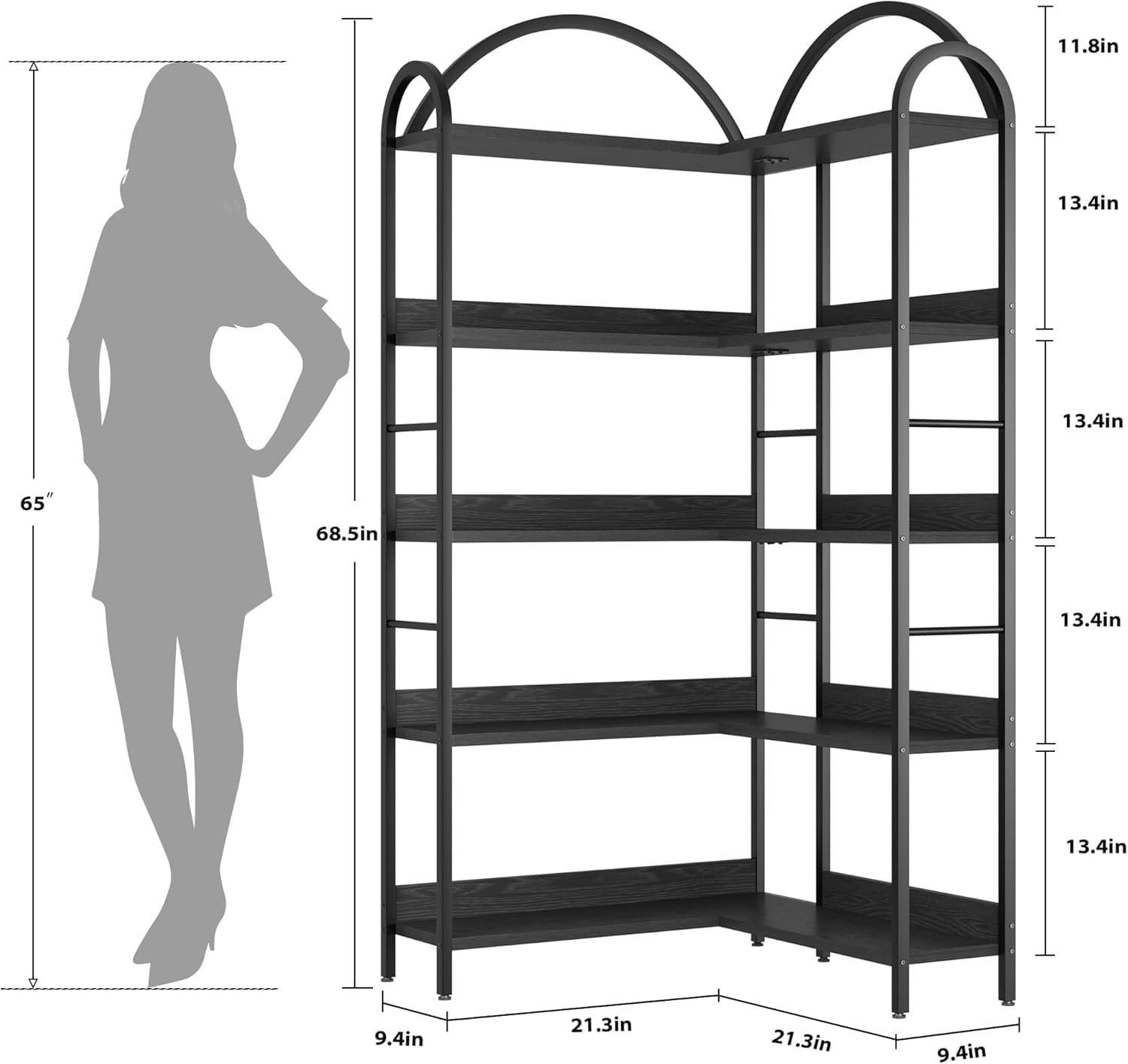 TrailBlaze 68' Tall Corner Bookshelf, 5-Tier Arched Bookshelf Bookcase with Open Shelves, Freestanding Display Shelf L Shaped Wood Corner Bookcase for Home Office, Bedroom, Living Room, Black