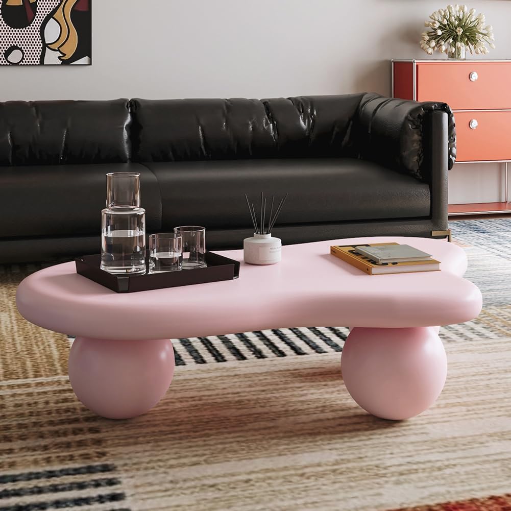 47' Cloud Coffee Table for Living Room Irregular Coffee Table Modern Unique Coffee Tables Cute Center Table with 3 Ball Legs for Small Space Apartment Cream Pink