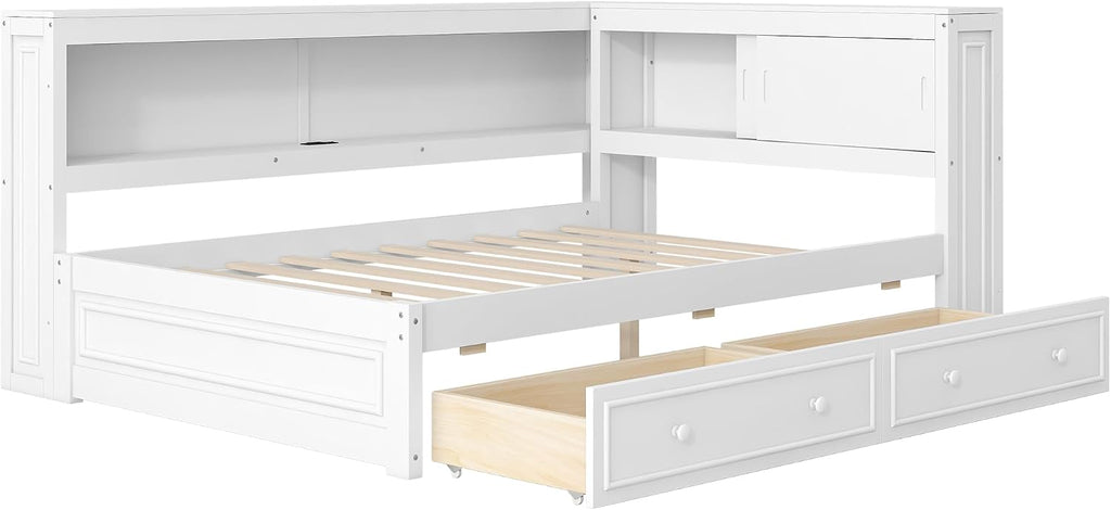 RuiSiSi Full Corner Bed Frame with Bookshelf and Drawers, Wood Daybed Full Size with Charging Station and Led, White