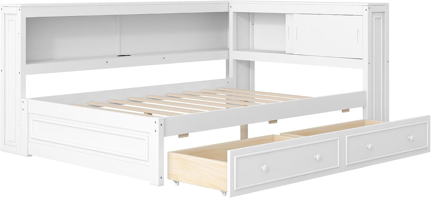 RuiSiSi Full Corner Bed Frame with Bookshelf and Drawers, Wood Daybed Full Size with Charging Station and Led, White