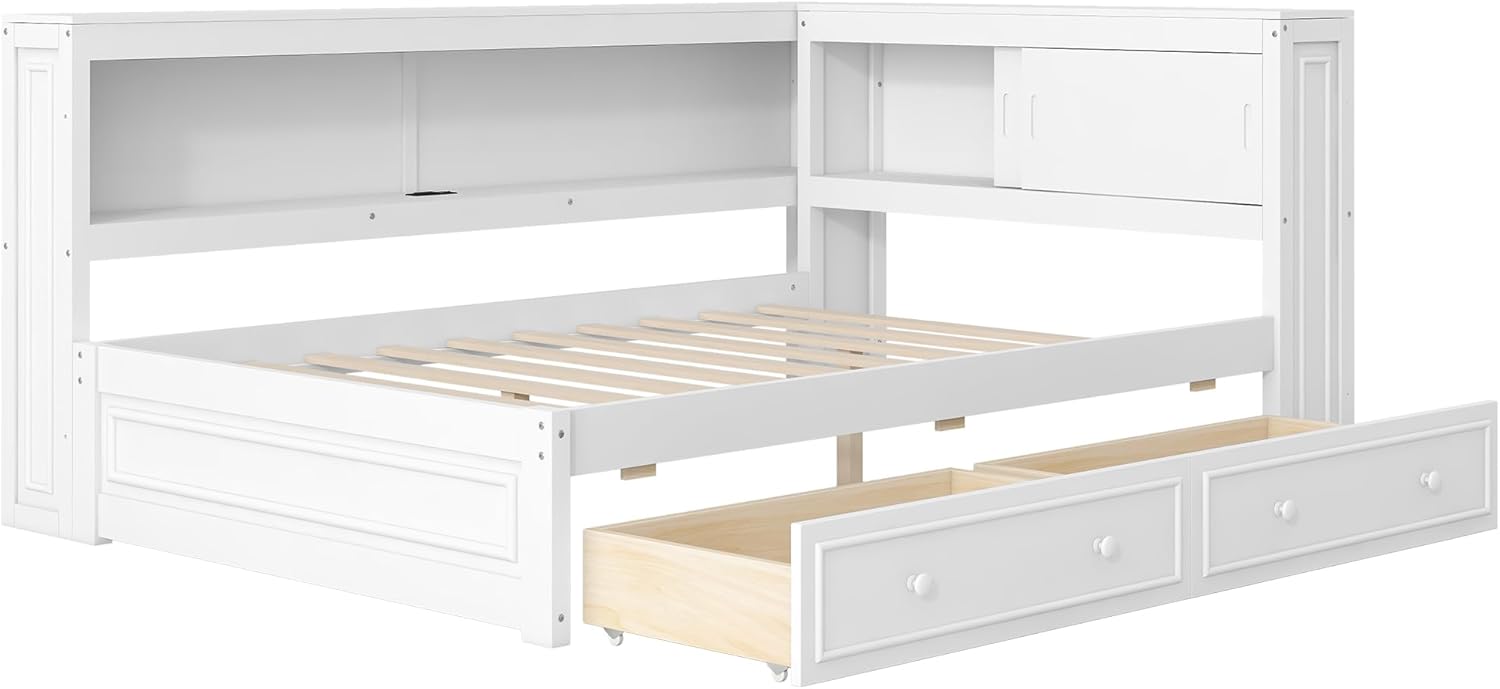 Full Size Daybed with Storage Drawers & Shelves,L-Shape Daybed with USB Charging Station & LED Light Strip for Kids Teens Adults,Wooden Corner Bed Frame with Slat Support for Bedroom,Guest Room,White