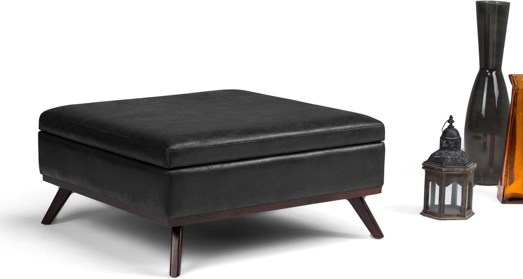 SIMPLIHOME Owen Square Coffee Table Storage Ottoman - 36 inch Wide Upholstered Vegan Leather Lift-Top Ottoman in Distressed Black, Mid-Century Modern Ottoman for Living Room with Tufted Detail