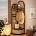 Corner Coat Rack with Shelves and Drawer, Wooden Tall Coat Rack with Shoe Storage for Clothes and Bags, Plastic Rattan Hall Tree with Shoe Storage for Bedroom(Brown)