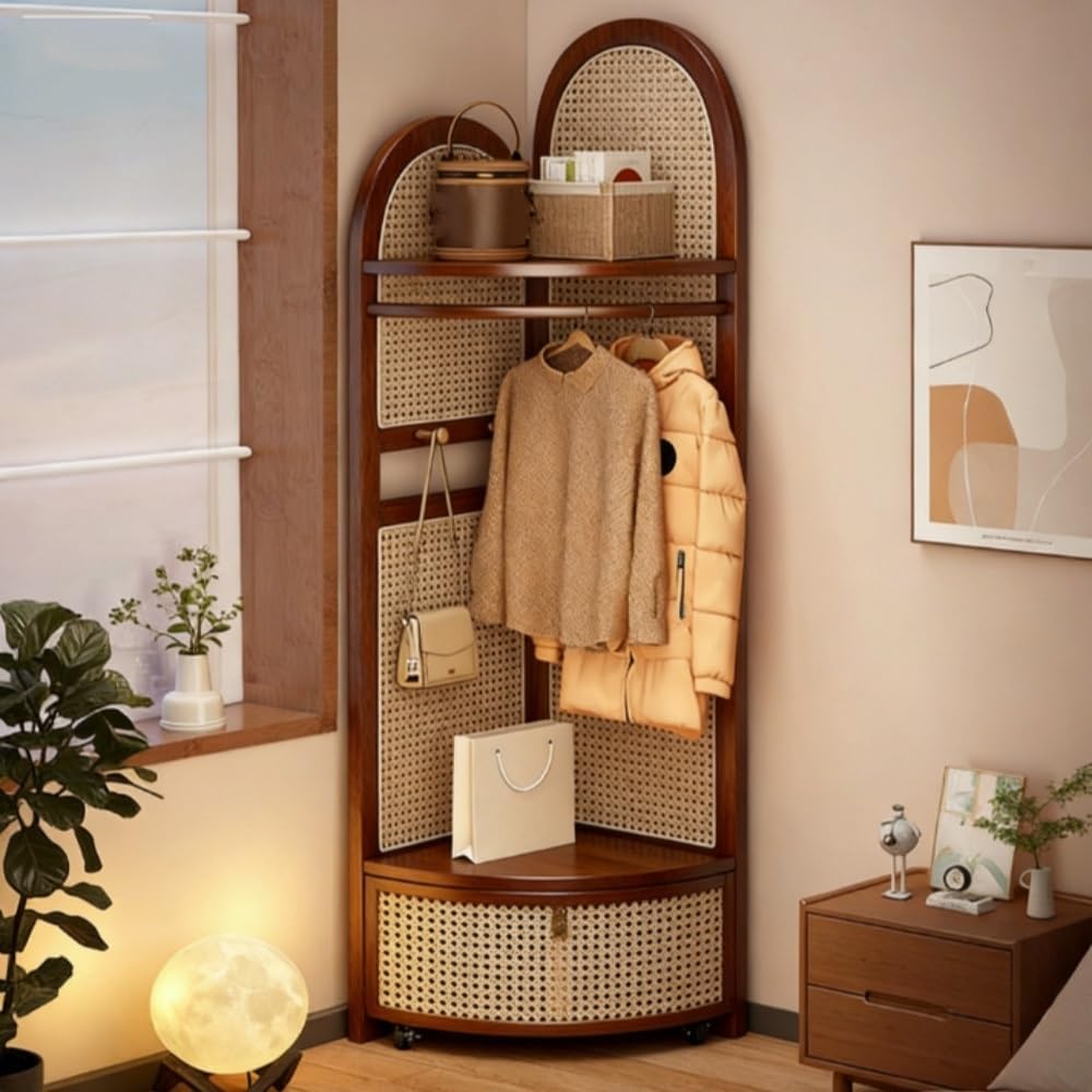 Corner Coat Rack with Shelves and Drawer, Wooden Tall Coat Rack with Shoe Storage for Clothes and Bags, Plastic Rattan Hall Tree with Shoe Storage for Bedroom(Brown)