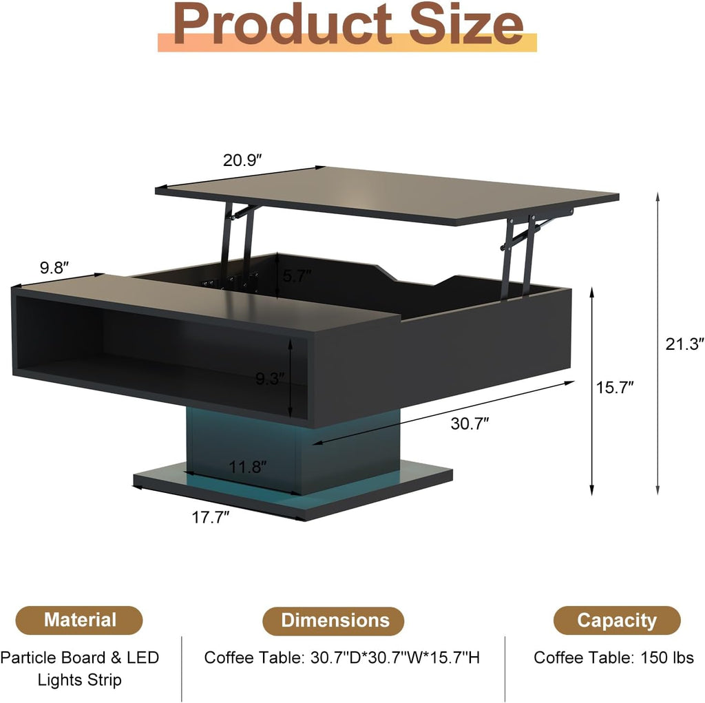 Square Lift Top Coffee Table with Storage, Black Led Coffee Table for Living Room with Large Hidden Storage, 30.7' Wood Table Led Center Table for Dining Reception Room