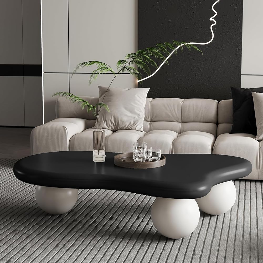 47' Irregular Coffee Table Cloud Coffee Table for Living Room Modern Low Coffee Tables Cute Small Center Table with 3 Ball Legs for Small Space Apartment Black & White