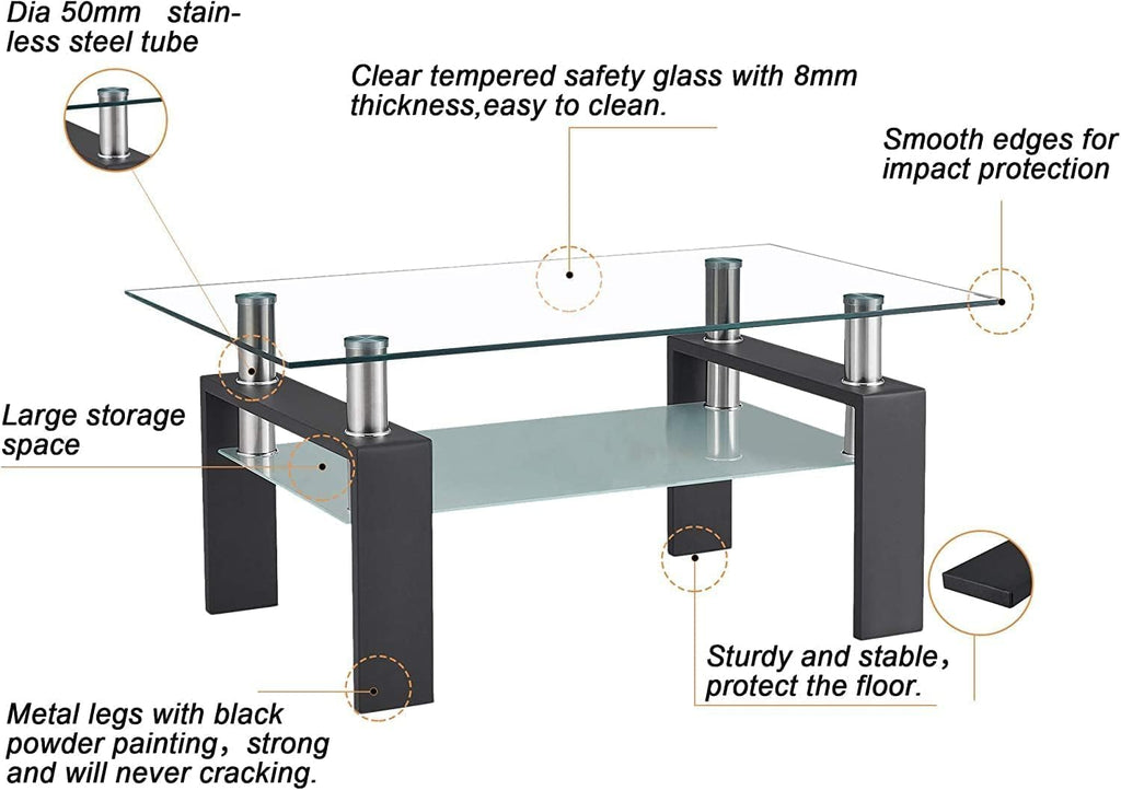 Living Room Tables Set,3 Piece Glass Coffee Table and End Tables Set for Living Room, Coffee Table Set with Tempered Glass Tabletop and Metal Frame for Apartment, Small Space, Black