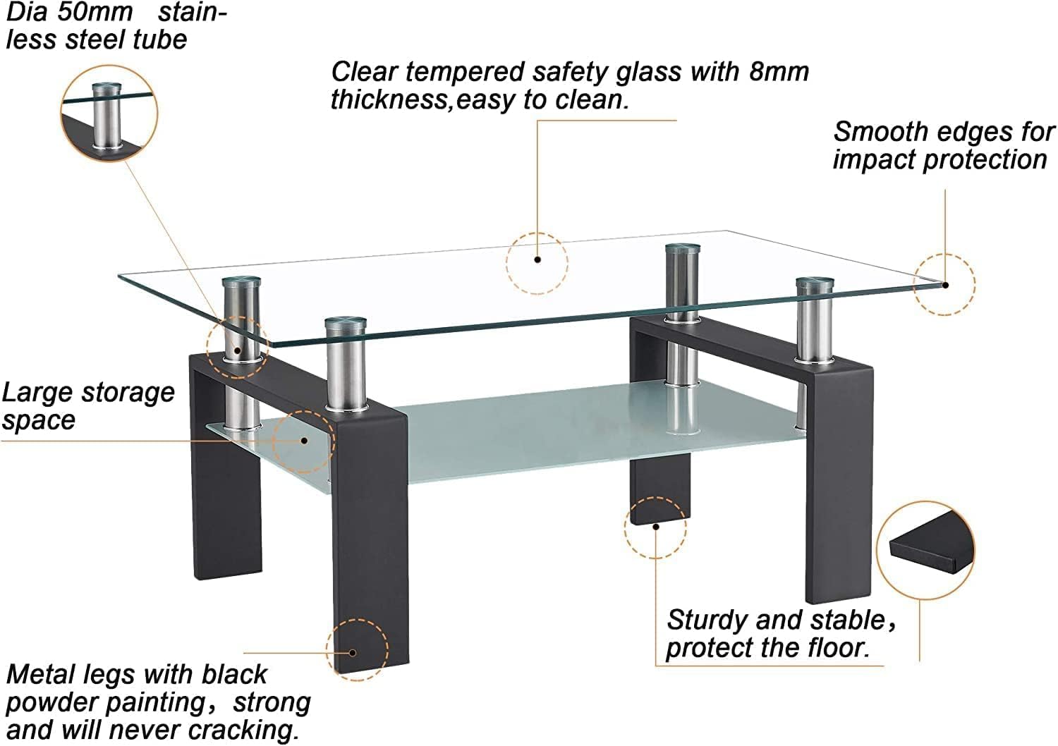 Living Room Tables Set,3 Piece Glass Coffee Table and End Tables Set for Living Room, Coffee Table Set with Tempered Glass Tabletop and Metal Frame for Apartment, Small Space, Black