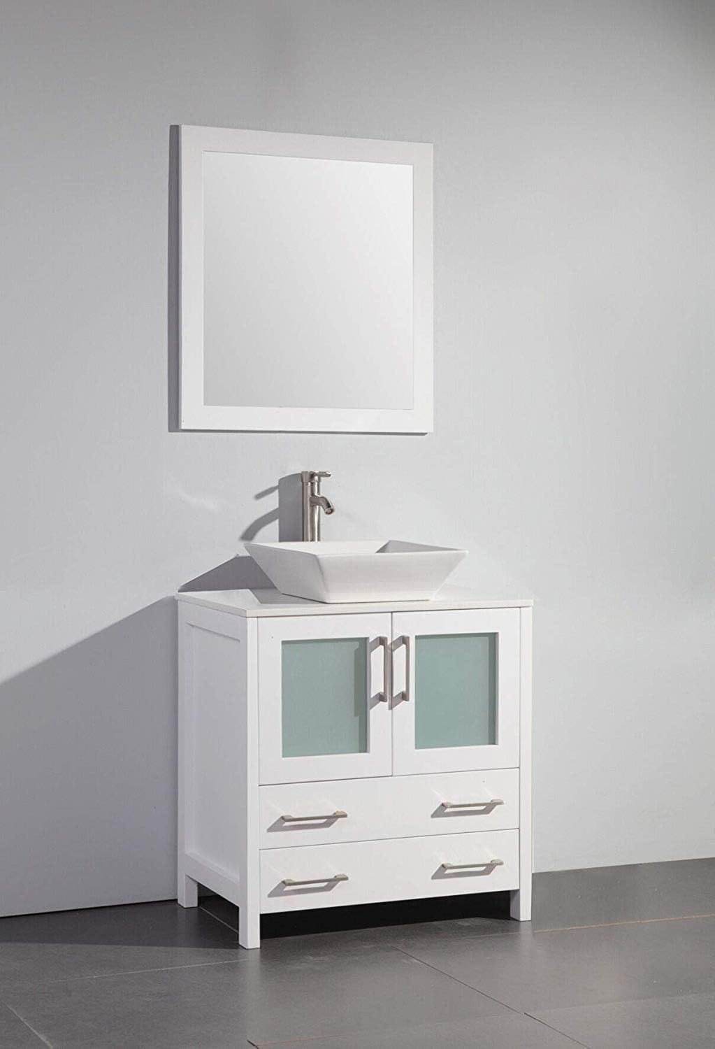 Vanity Art 30 Inch Vessel Single Sink Bathroom Vanity Cabinet with 1 Mirror, Engineered Marble Top Bathroom Cabinet Compact Set with 2 Dovetail Drawers and Soft Closing Doors, VA3130-W