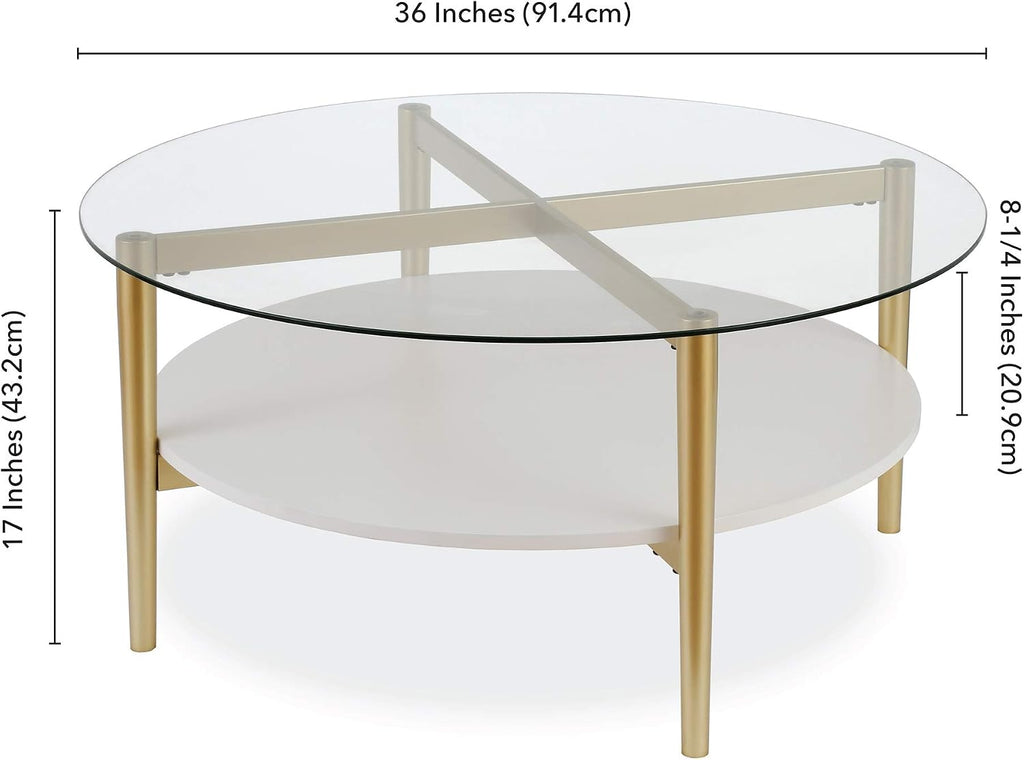 Otto 36'' Wide Round Coffee Table with MDF Shelf in Brass/White Lacquer