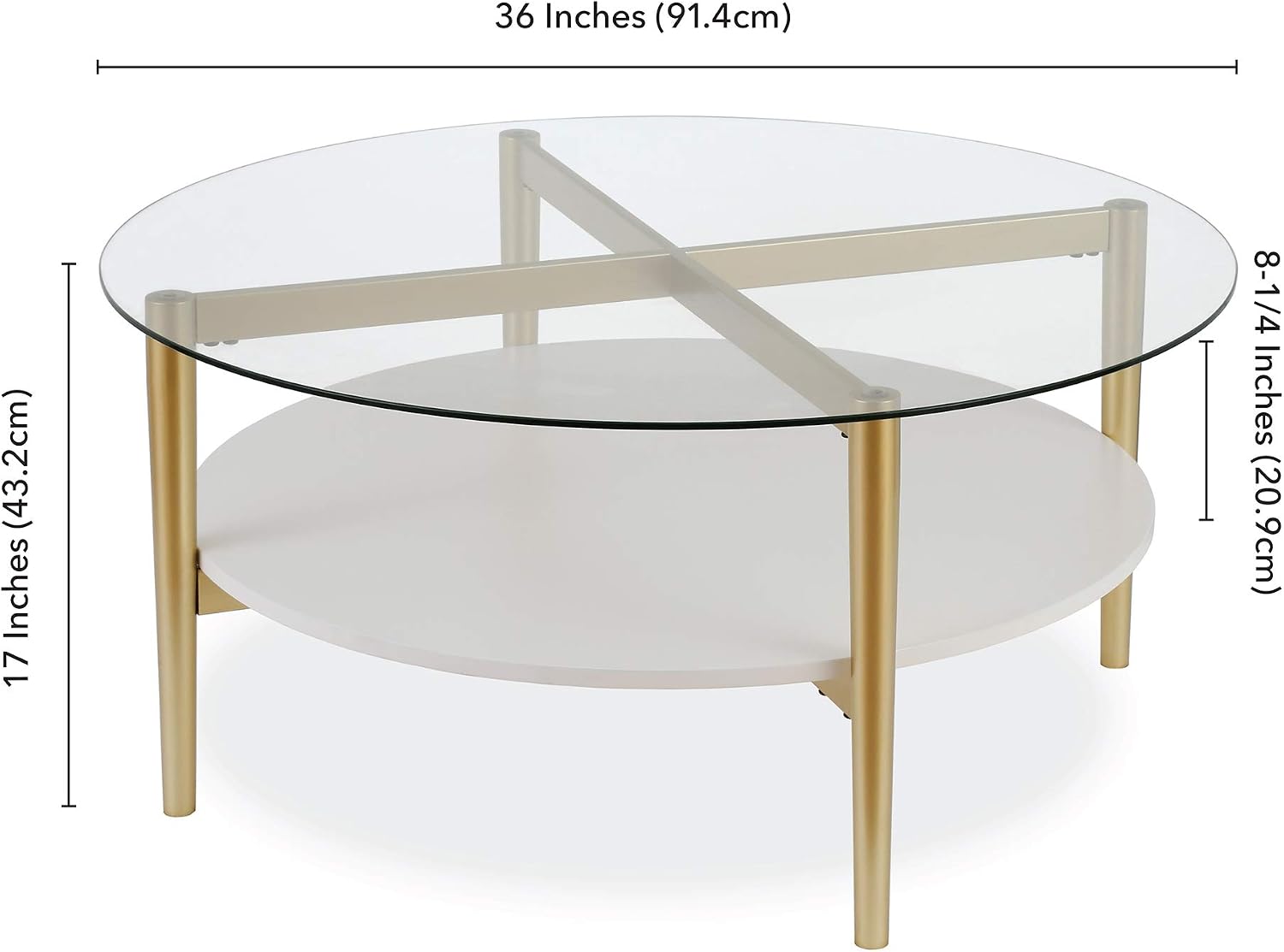 Otto 36'' Wide Round Coffee Table with MDF Shelf in Brass/White Lacquer