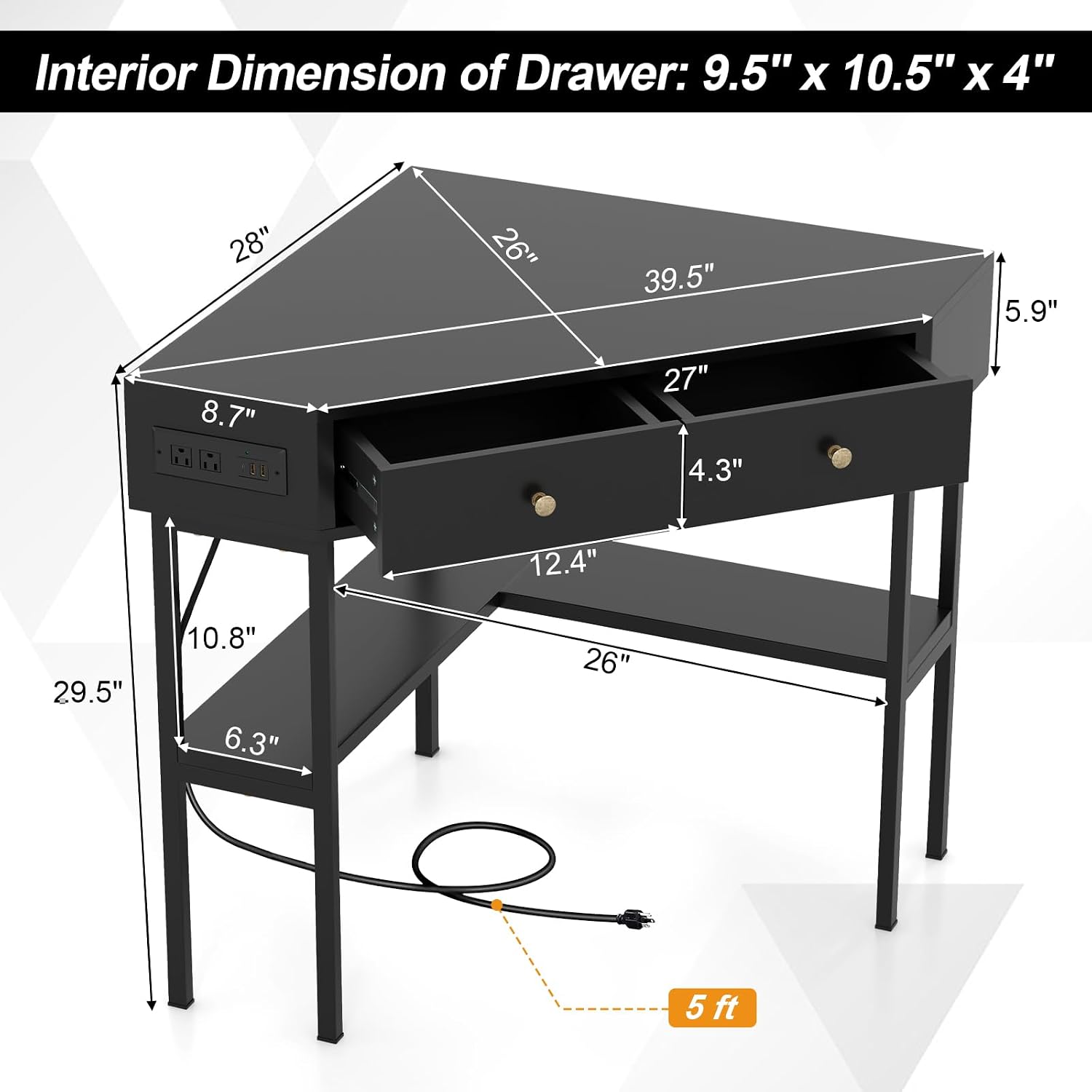 Giantex Corner Desk with Charging Station, 90 Degree Triangle Computer Desk with 2 Drawers & Storage Shelf, L-Shaped Writing Desk Makeup Vanity Table, Compact Corner Desk for Small Spaces (Black)
