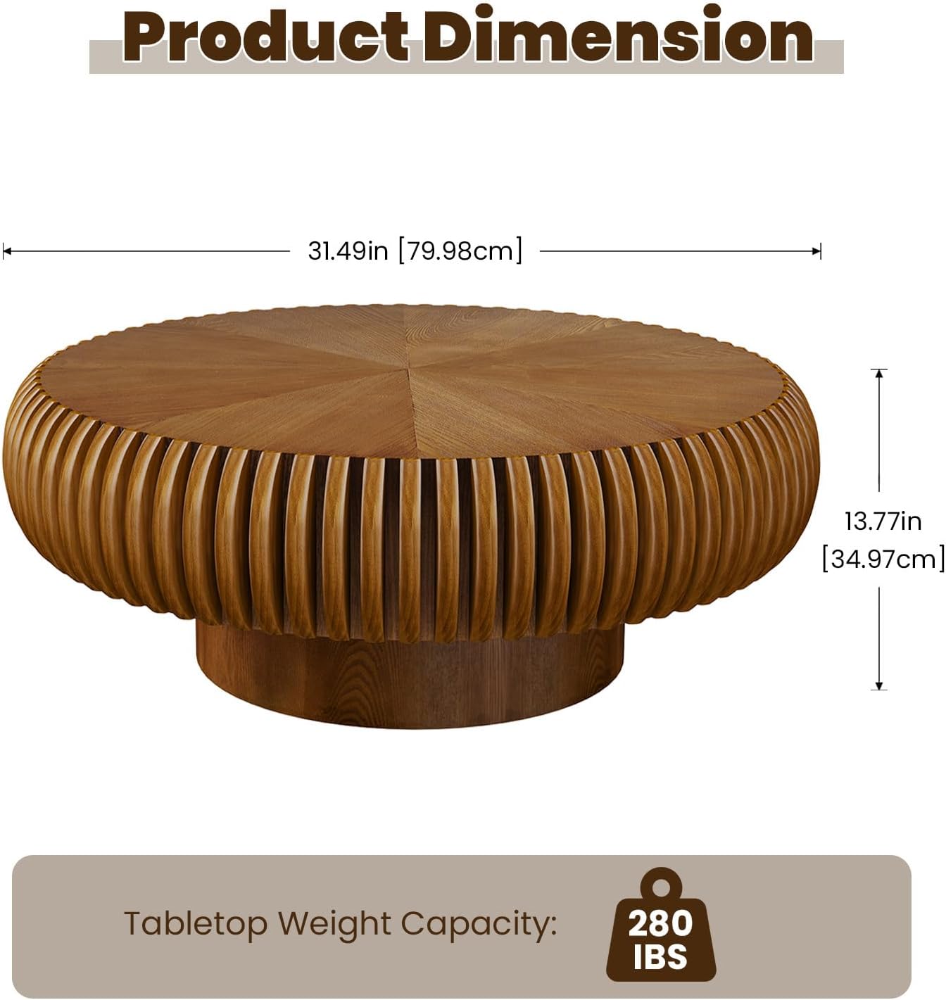 31.5' Drum Coffee Table Modern Unique Fluted Tea Table Contemporary Wood Round Coffee Table with Fluted Centry Table for Living Room Walnut (31.5' Brown)