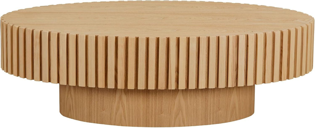 JUSTONE 43.31 Inch Oval Coffee Table, Farmhouse Wood Farmhouse Style with Handcrafted Relief & Circle Drum Design for Living Room & Apartments, 43.31x13.78 Inches (Oak)