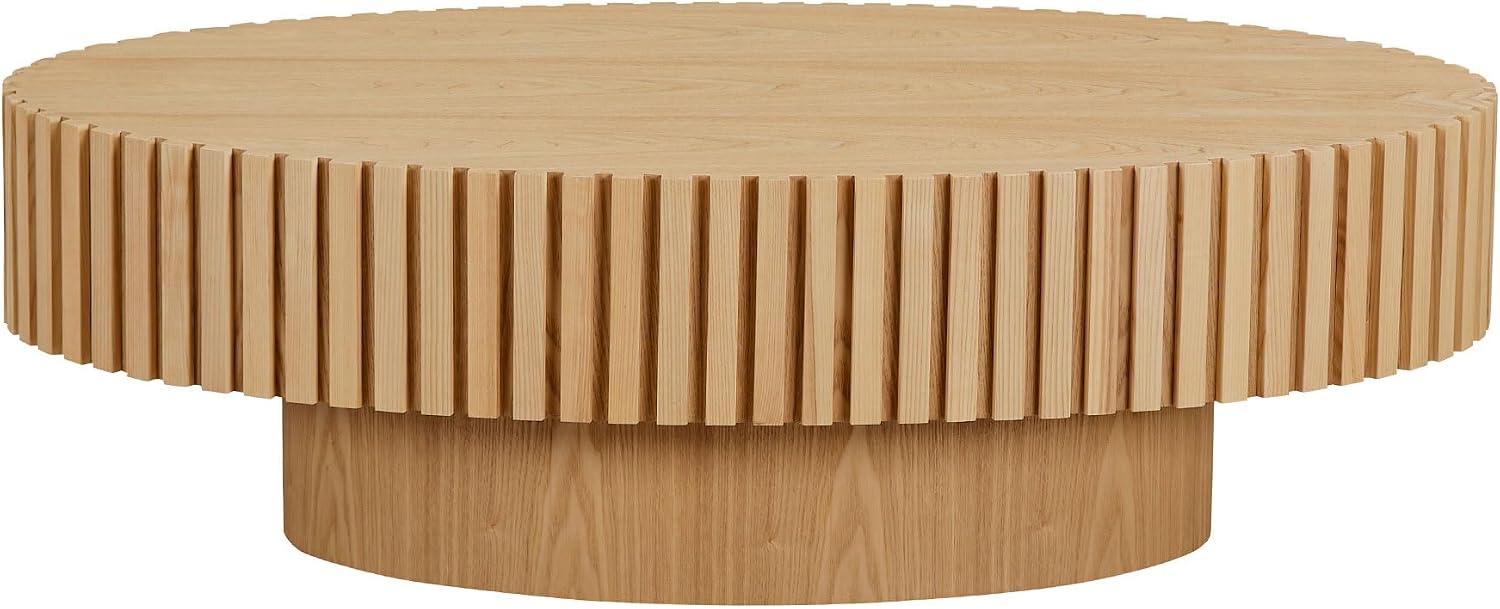 JUSTONE 43.31 Inch Oval Coffee Table, Farmhouse Wood Farmhouse Style with Handcrafted Relief & Circle Drum Design for Living Room & Apartments, 43.31x13.78 Inches (Oak)