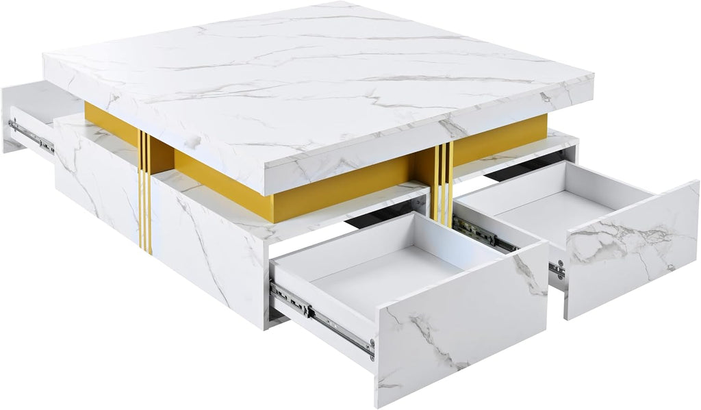 Modern White Square Storage Coffee Table with 4 Drawers for Living Room