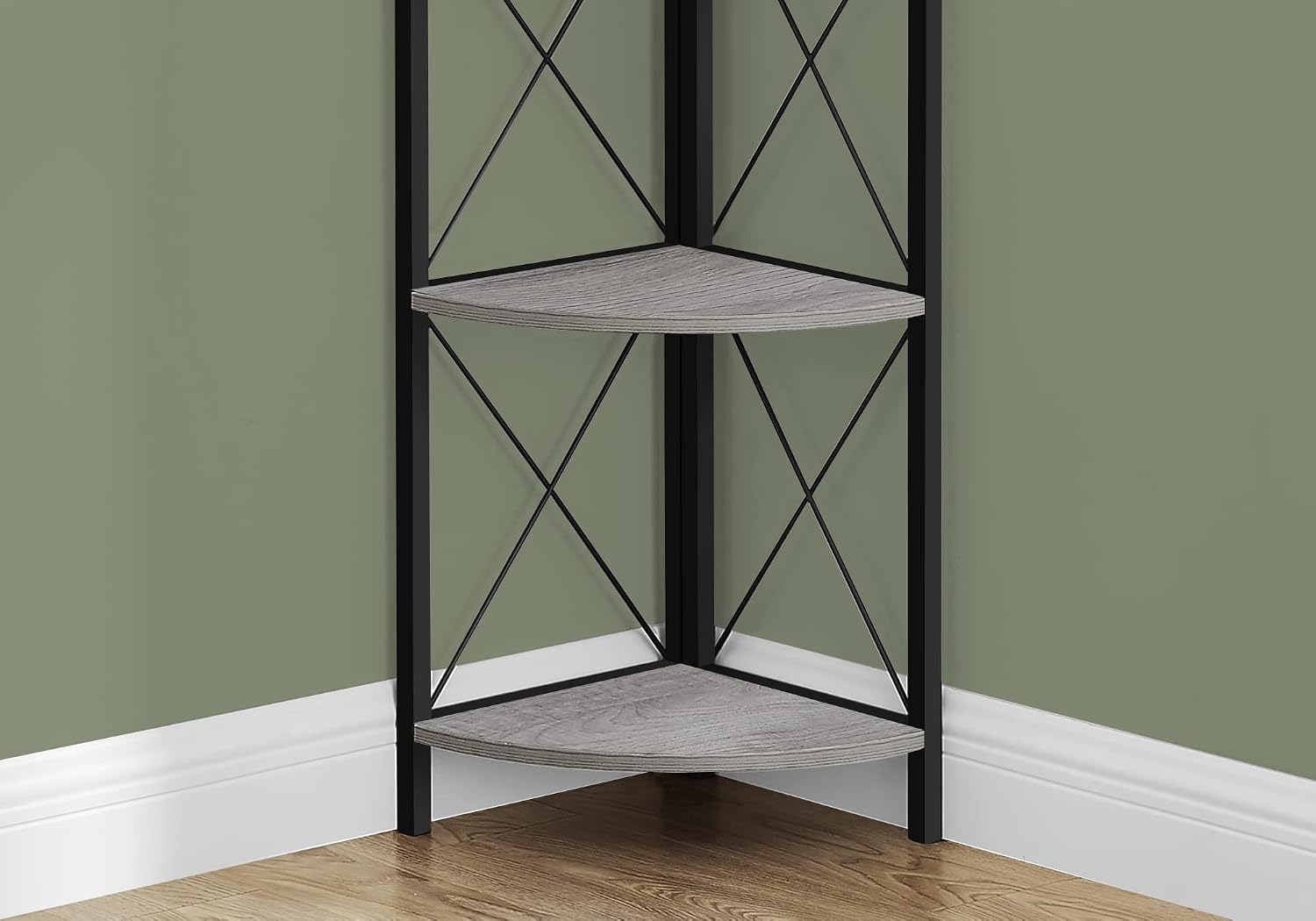 Bookshelf, Bookcase, Etagere, Corner, 4 Tier, 60' h, Office, Bedroom, Grey Laminate, Black Metal,
