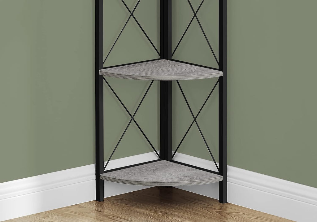 Bookshelf, Bookcase, Etagere, Corner, 4 Tier, 60' h, Office, Bedroom, Grey Laminate, Black Metal,